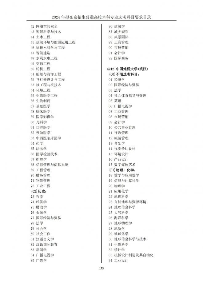 2024年拟在北京招生普通高校本科专业选考科目要求目录